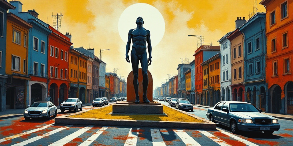 a city street with a statue in the middle of it and cars driving down the road in front of it, David