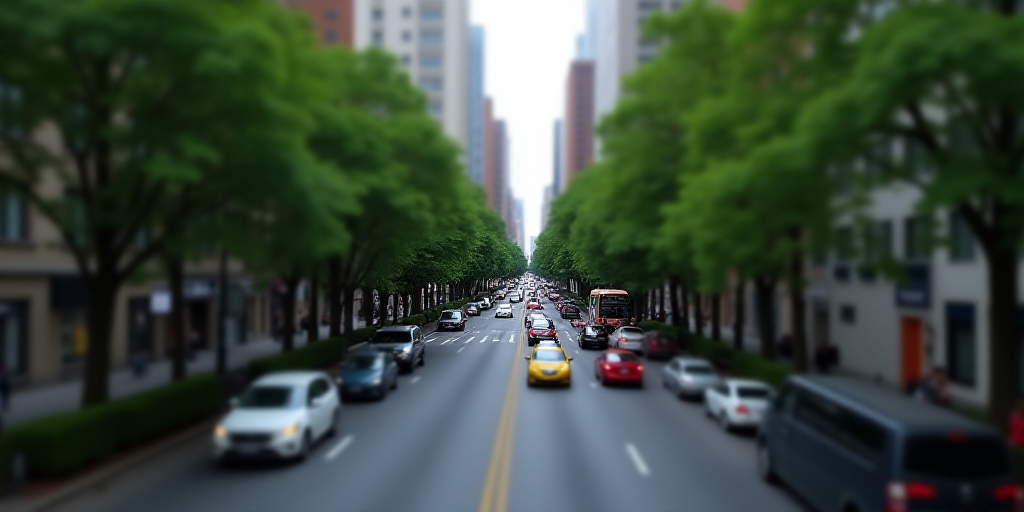 a city street with tall buildings and trees on both sides of it and a street lined with cars and bus