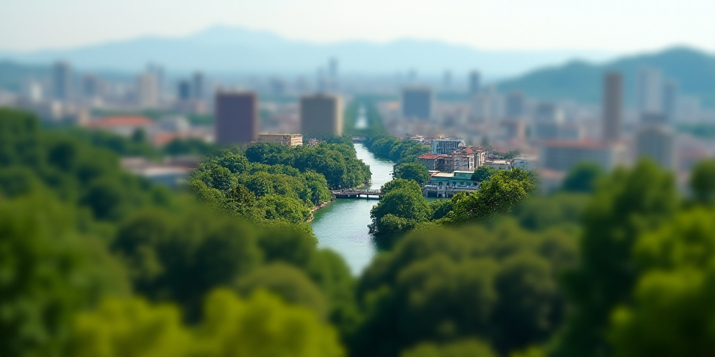 a city with a bridge and a green roof and a lot of trees and bushes in the foreground, Edi Rama, cit