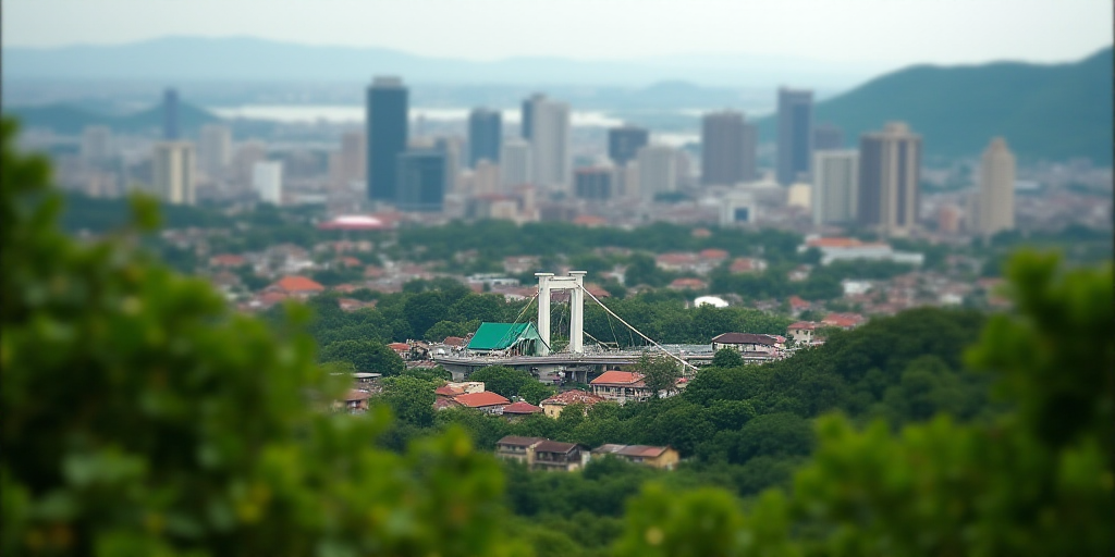 a city with a bridge and a green roof and a lot of trees and bushes in the foreground, Edi Rama, cit
