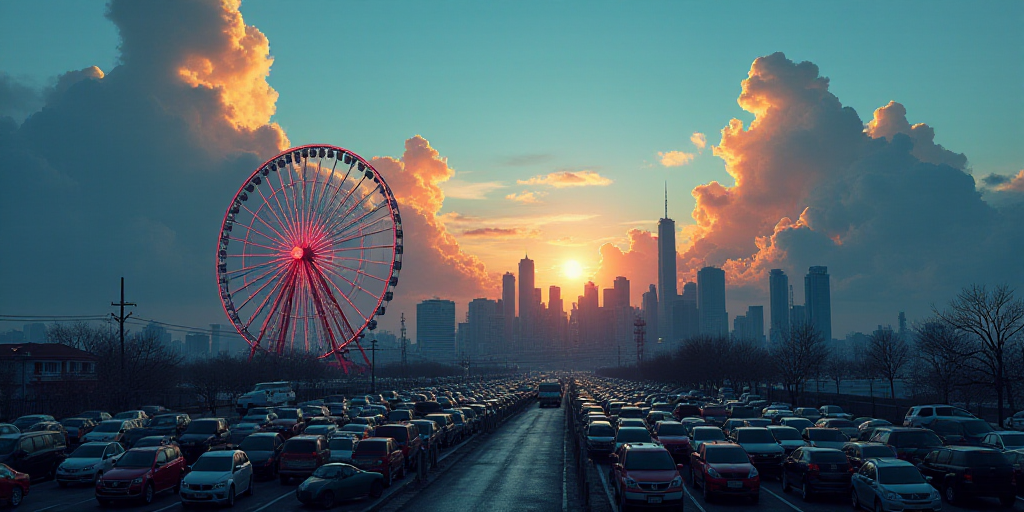 a city with a lot of cars parked in it at dusk time with a sky full of clouds and a ferris wheel, Ed