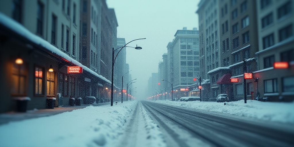 a city with a lot of snow on the ground and buildings in the background and a lot of snow on the gro