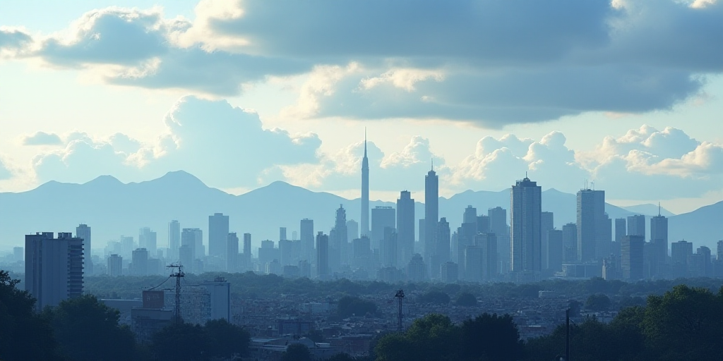 a city with a lot of tall buildings under a cloudy sky with mountains in the background and a few cl