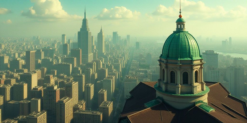 a city with a lot of tall buildings and a green dome on top of it's roof top, Emiliano Ponzi, aerial