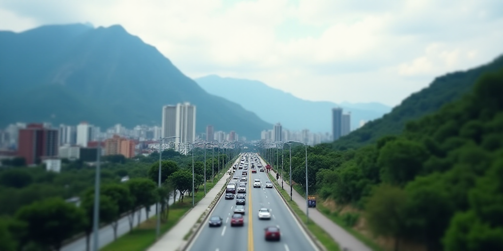 a city with mountains in the background and a road in the foreground with cars on it and a mountain
