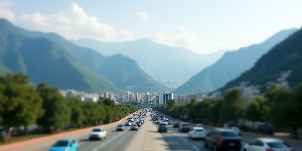 a city with mountains in the background and a road in the foreground with cars on it and a mountain