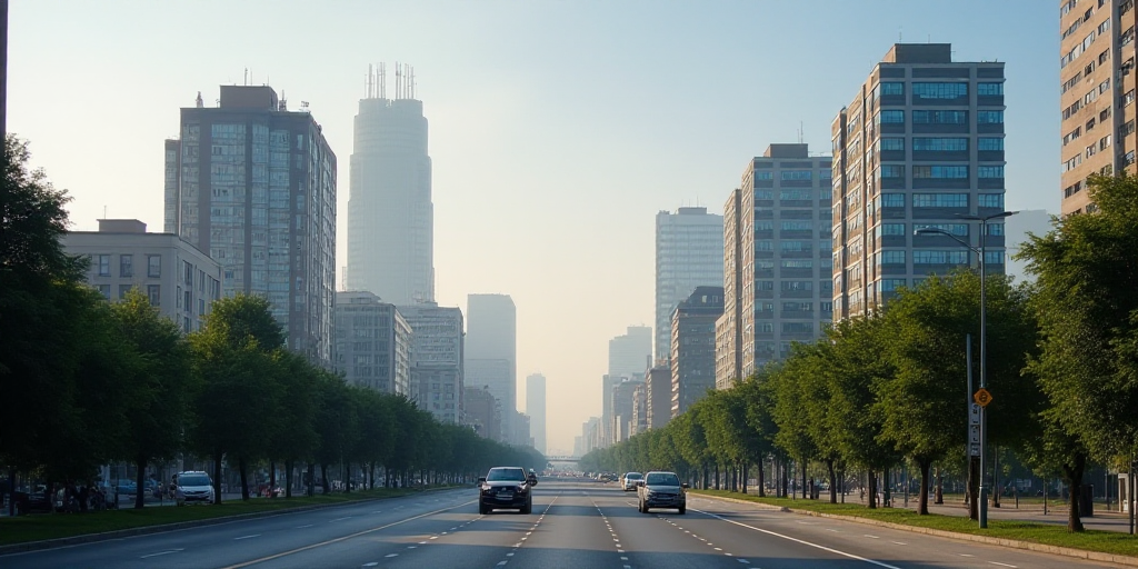 a city with tall buildings and a street in the foreground with a few cars on it and a few buildings