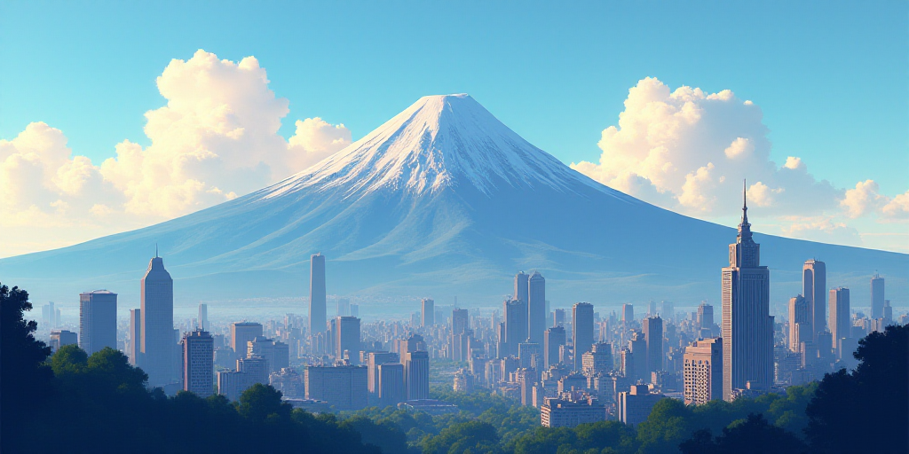 a city with tall buildings and a mountain in the background with clouds in the sky and a few clouds