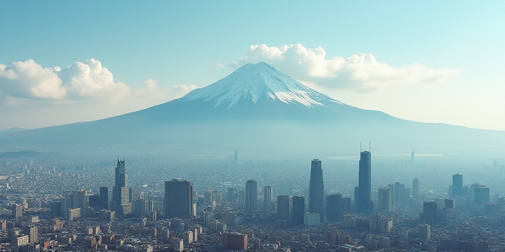 a city with tall buildings and a mountain in the background with clouds in the sky and a few clouds