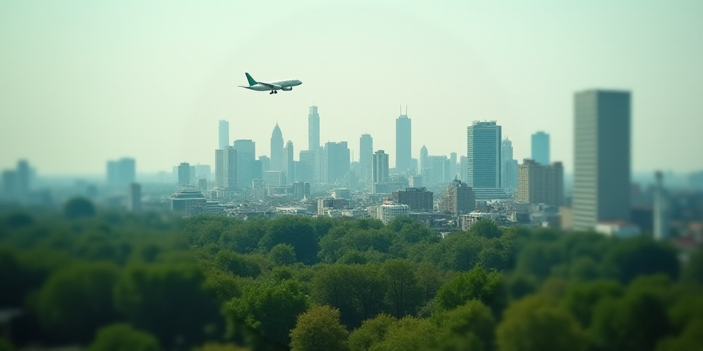 a city with tall buildings and lots of trees in the foreground and a plane flying over it in the bac
