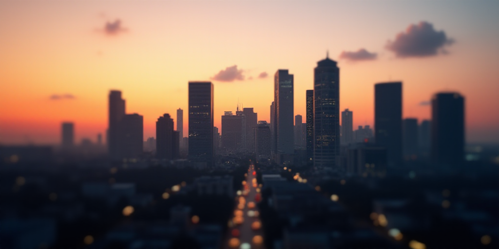 a city with tall buildings and a sky line in the background at sunset or sunrise with a few clouds,