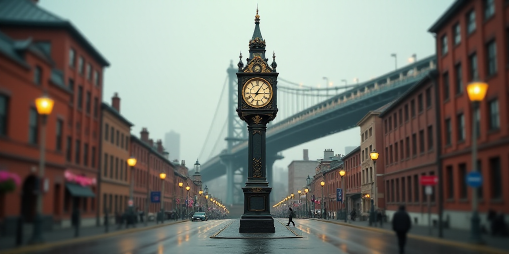 a clock tower in the middle of a city street with a bridge in the background and buildings in the ba