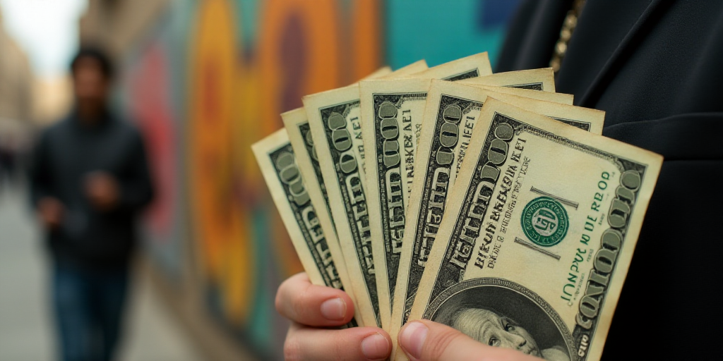 a close up of a bunch of money with a person in the background and a person in the foreground, David