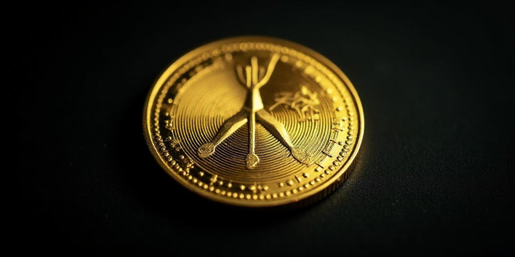 a close up of a coin on a black background with a black background and a black background with a gol