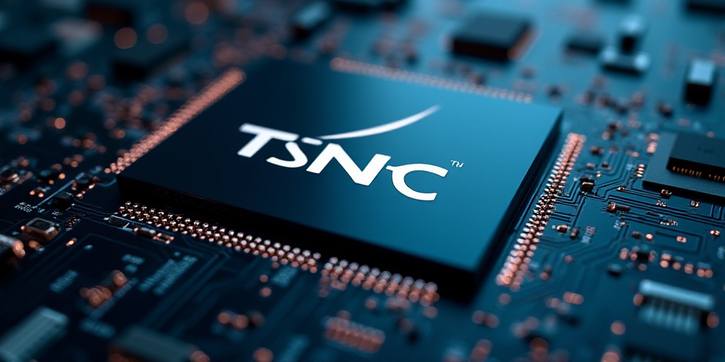 a close up of a computer chip with the tsnc logo on it and a circuit board in the background, Arnold