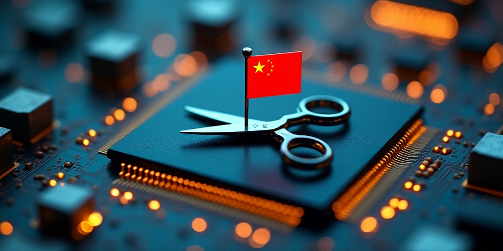 a close up of a computer chip with a flag on it and a pair of scissors in the middle, Cui Bai, micro