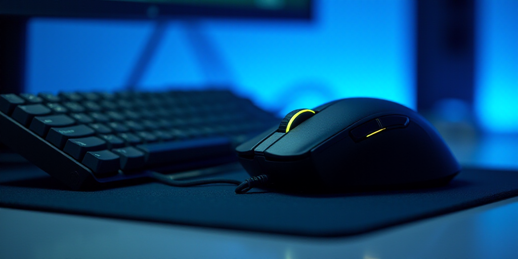a close up of a computer mouse and a nvidia card on a keyboard and mouse pad with a blue background,