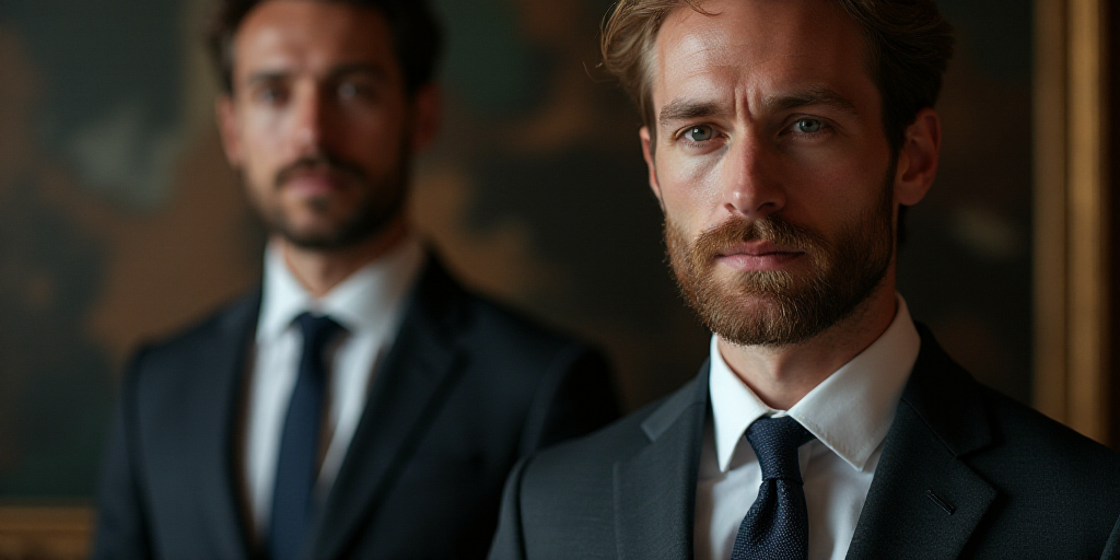 a close up of a person wearing a suit and tie next to a picture of a man in a suit, Clovis Trouille,