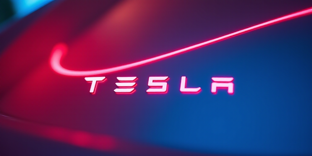 a close up of a sign with a red and blue background and a pink line on it that says tesla, Andries S