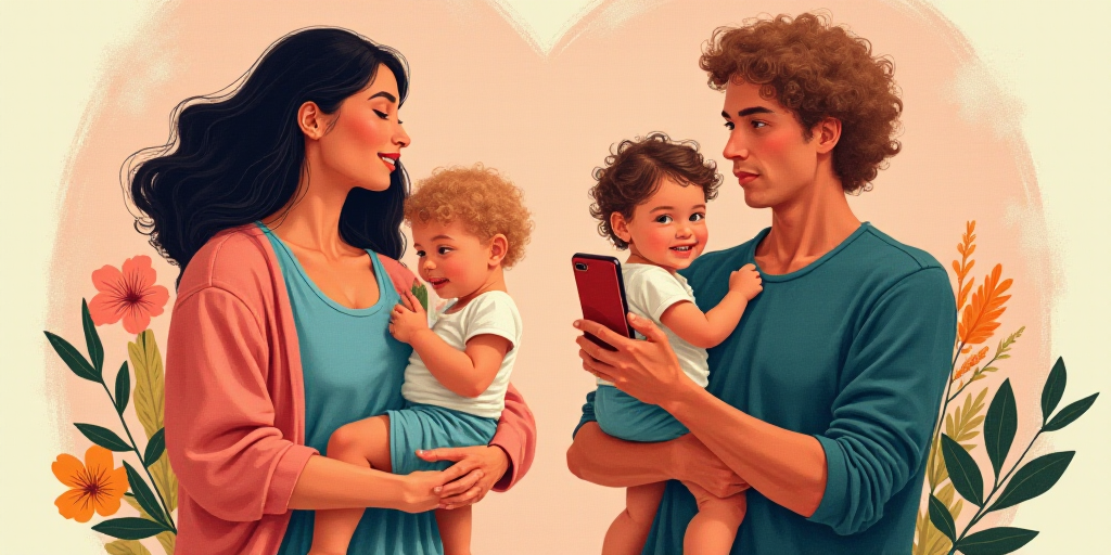 a collage of a woman holding a child and a cell phone with a man holding a child in her arms, Altich