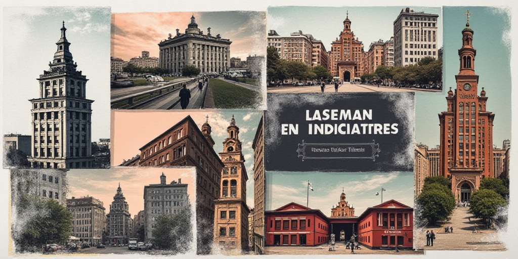 a collage of images with the words laseman en indicateres on them and a picture of a building, Diego