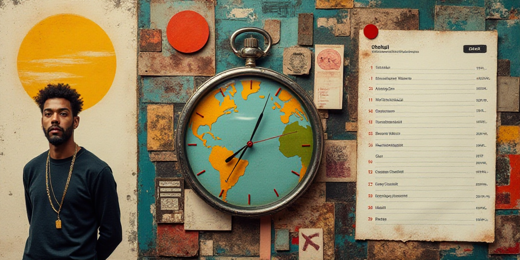 a collage of photos with a man and a clock and a calendar with a list of tasks on it, Dave Arredondo