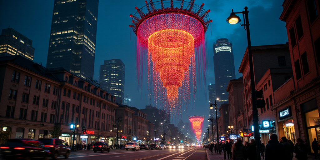 a colorful hanging decoration in a city at night time with lights on the buildings and a dark sky in