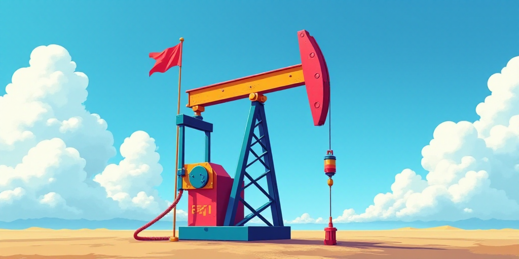a colorful oil pump with a flag on top of it and a blue sky in the background with clouds, Dahlov Ip
