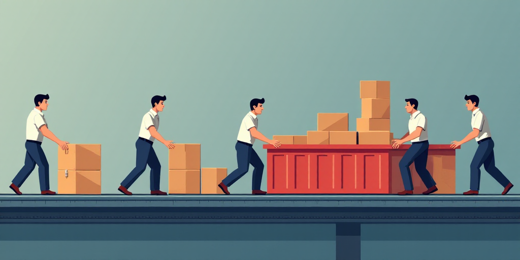 a conveyor belt with a red container and five men in white shirts and blue pants are moving boxes, C