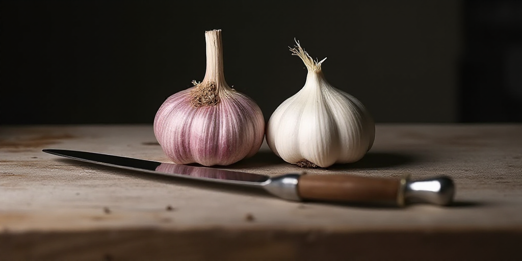 a couple of garlics sitting on top of a table next to each other on a table top with a knife, Clovis