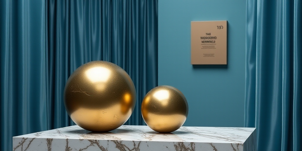 a couple of golden globes sitting on top of a table next to a blue curtained wall with a sign, Avgus