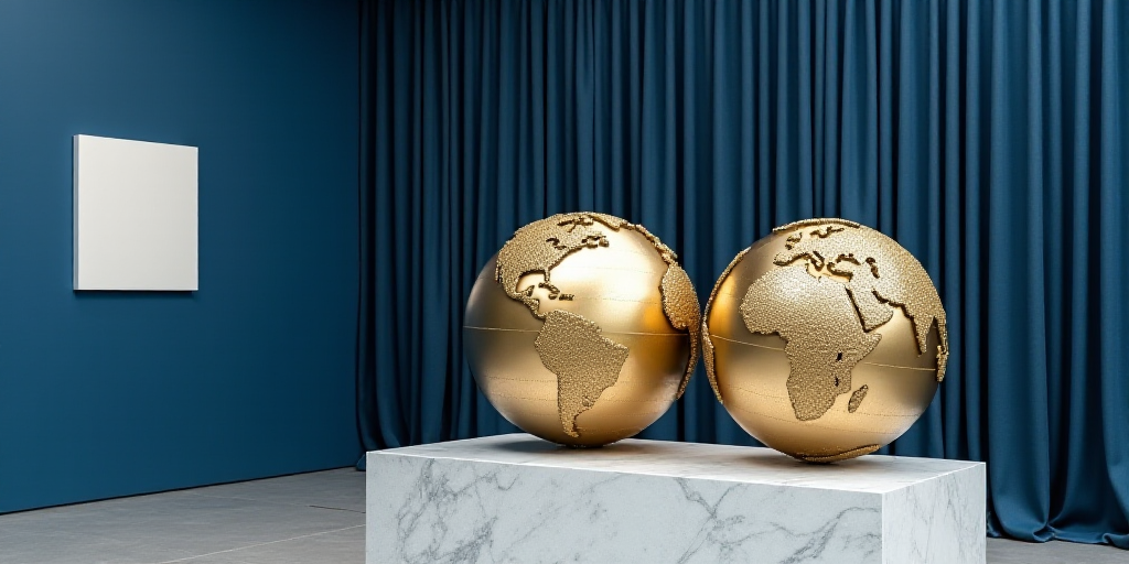 a couple of golden globes sitting on top of a table next to a blue curtained wall with a sign, Avgus