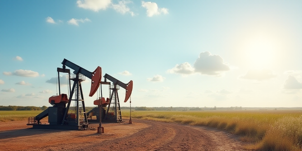 a couple of oil pumps sitting on top of a dirt field next to a sky background with a few clouds, And