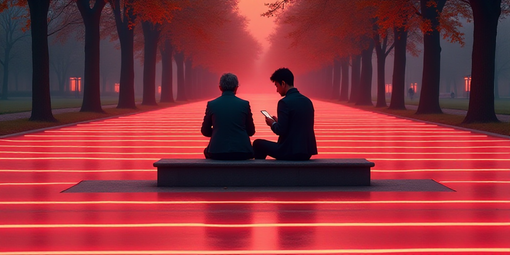 a couple of people sitting on a bench looking at their cell phones together in a park with red and w