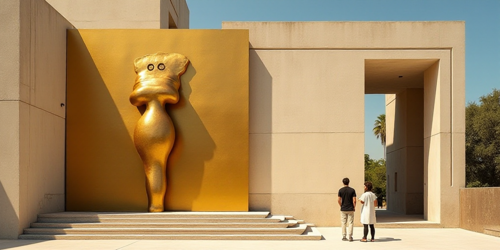 a couple of people standing next to a golden sculpture on a building wall with a staircase leading u