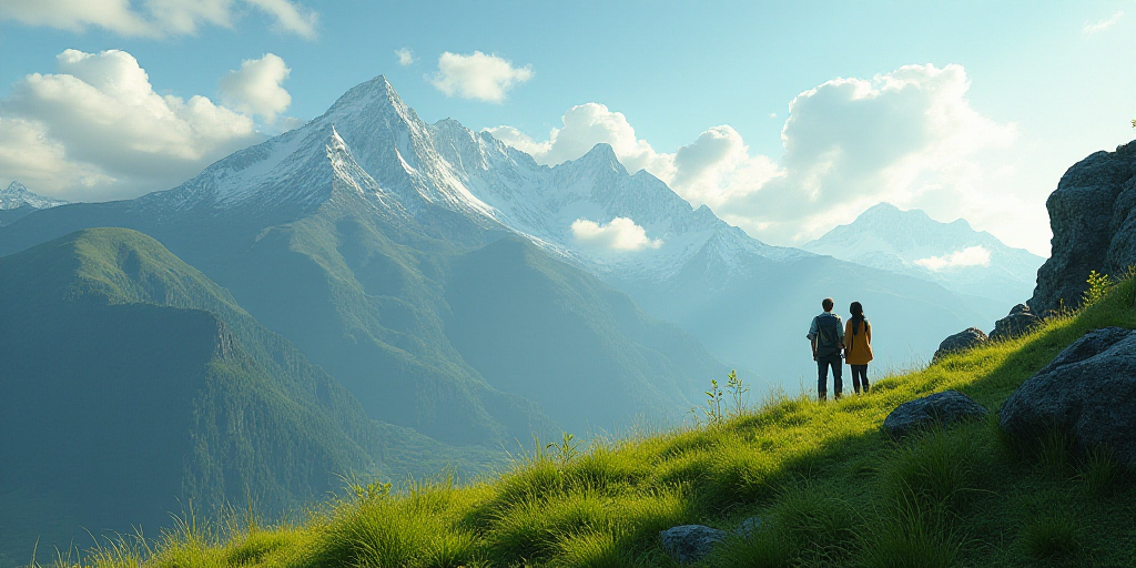 a couple of people standing on top of a mountain next to a lush green field and a mountain range, Al