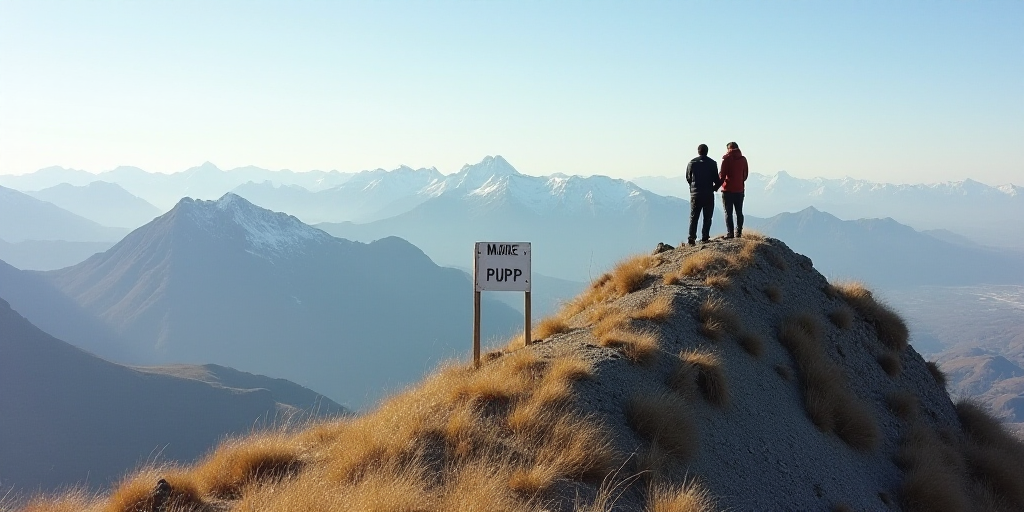 a couple of people standing on top of a mountain with a sign that says more, pupp and a mountain, Am