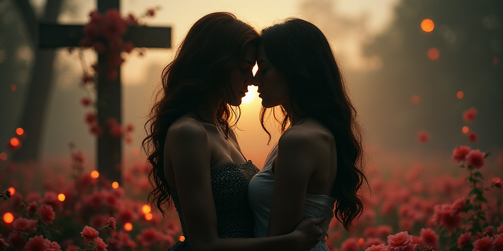 a couple of people that are hugging in front of a cross and flowers and a picture of a woman, Aracel