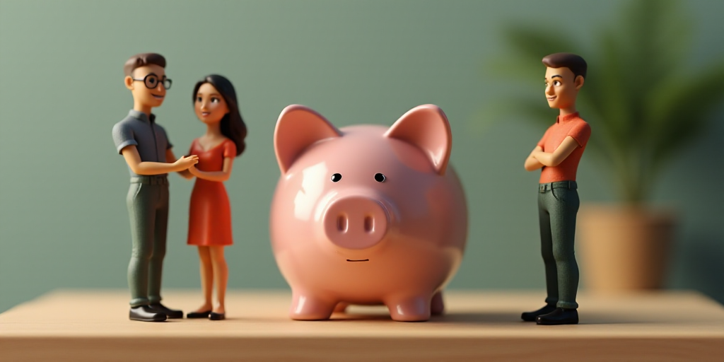 a couple standing next to a piggy bank on a table with a miniature figure of a man and woman, Clovis