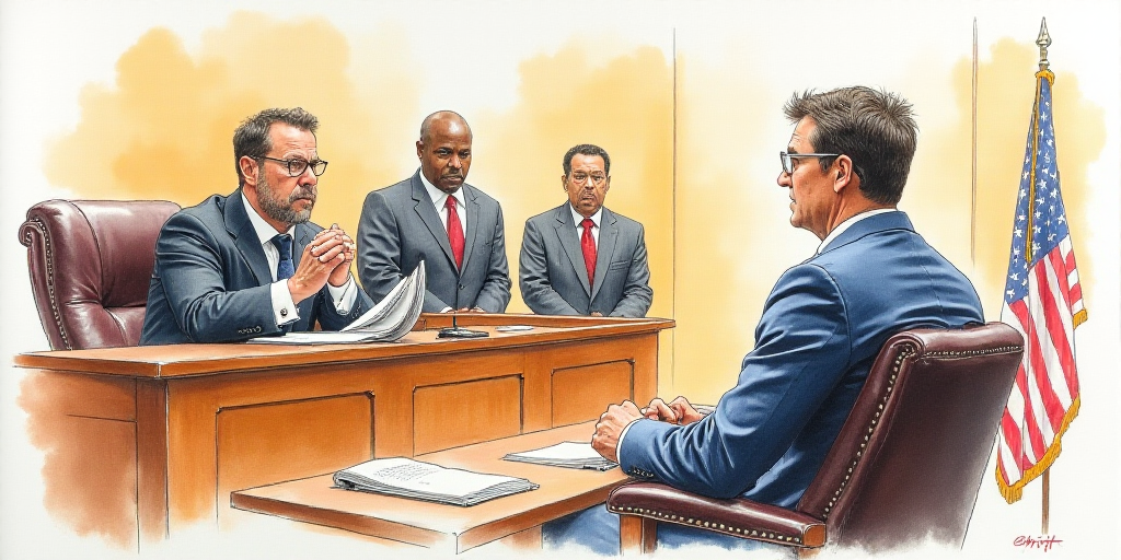 a courtroom drawing of a man sitting in front of a judge and two men standing behind him and a judge