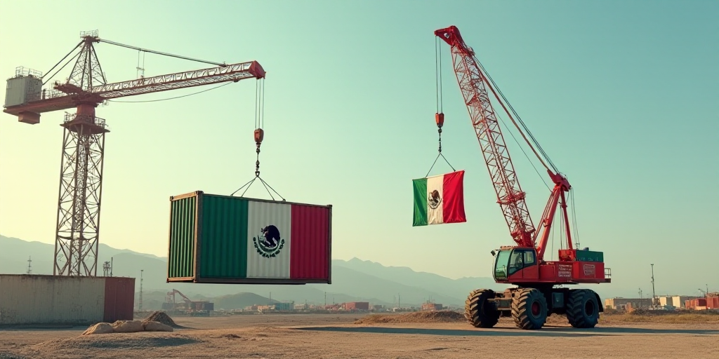 a crane is holding a container with the flag of mexico on it's side and a crane is holding the flag