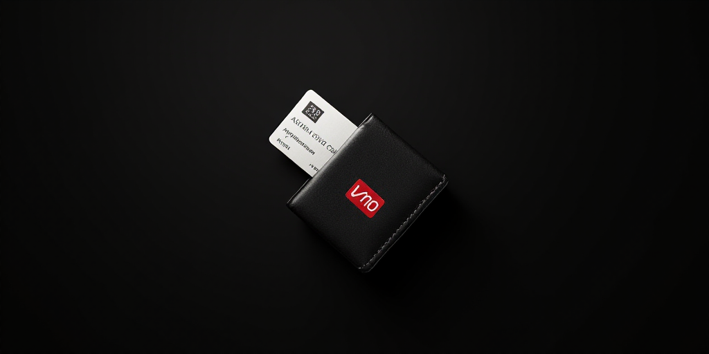 a credit card is attached to a black wallet with a red and white logo on it and a black background,