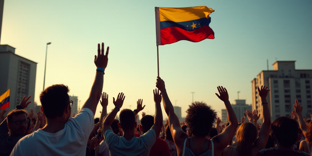 a crowd of people holding a flag and waving a flag on a pole in the sky above them is a building, Fe