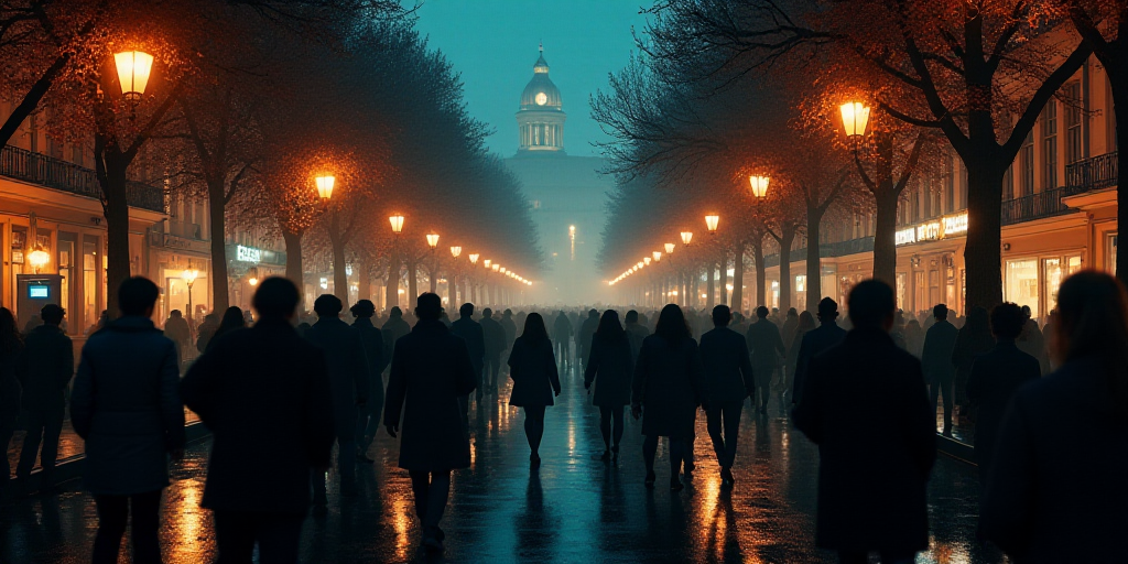 a crowd of people walking down a street at night time with lights on and trees lining the street and