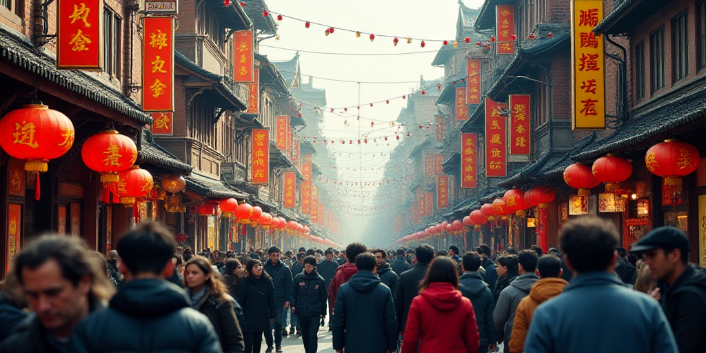 a crowded street with many people walking down it and many signs above them that say chinese charact