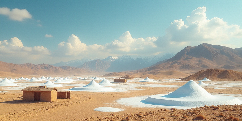 a desert with a few buildings and a few snow mounds on the ground and mountains in the background,,