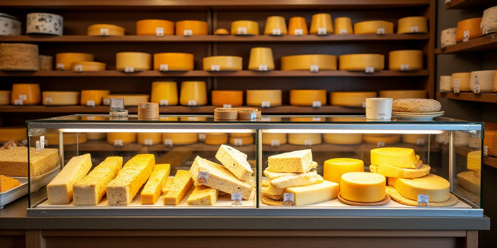 a display case filled with lots of different types of cheeses and cheeses on shelves in a store, Col