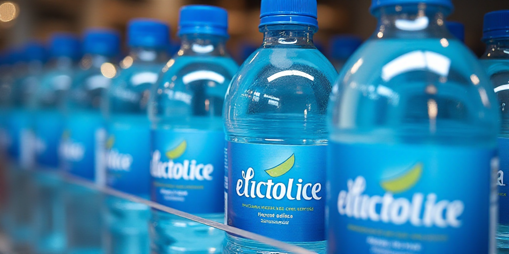 a display of bottles of electroliclice water in a store display case, with a blue handle, Ceferí Ol