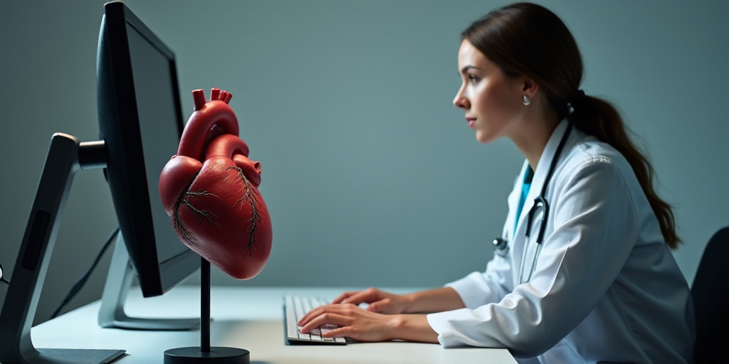 a doctor is working on a computer with a heart model on a stand in front of her desk and a computer