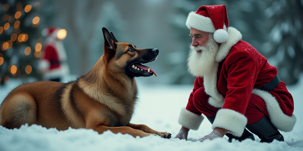 a dog and a man dressed as santa claus in a christmas scene with a reindeer on the ground and a man
